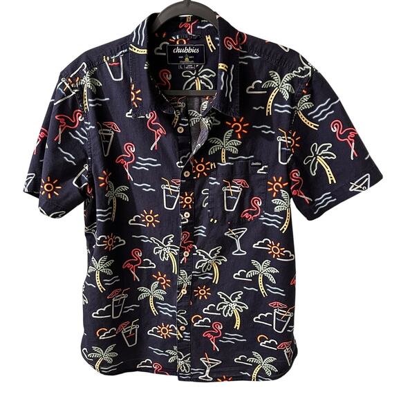 Chubbies One Man Wolf Pack Neon Lights Flamingo Camp Shirt Tropical Palms, L - Picture 1 of 8